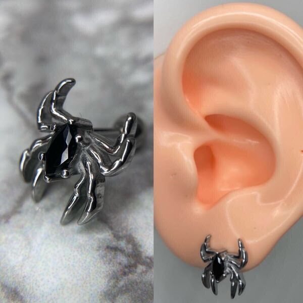 【新品】スタッド ピアス 蜘蛛 スパイダー ブラック シルバー アクセサリー ボール 韓国 メンズ ジルコニア ダイア 片耳 16g
