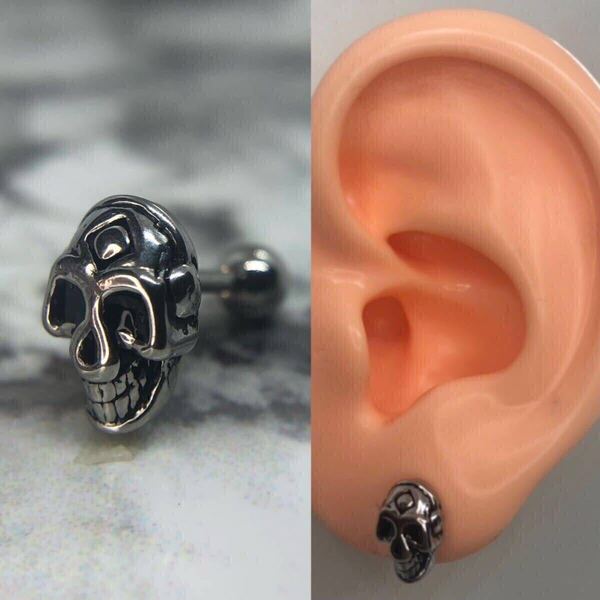 【新品】スタッド ピアス 16g ヘッドホン 髑髏 骸骨 ドクロ シルバー アクセサリー 片耳用 韓国 hiphop メンズ ストリート