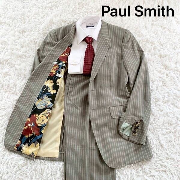 Paul Smith ポールスミス 花柄裏地 背抜き スーツ セットアップ ストライプ テーラードジャケット スラックス パンツ 2B グレー ウール
