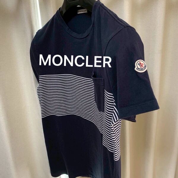 本物 正規品 MONCLER モンクレール ロゴワッペン MAGLIA T-SHIRT マグリア ボーダーストライプ 半袖 Tシャツ ネイビー M コットン100 綿