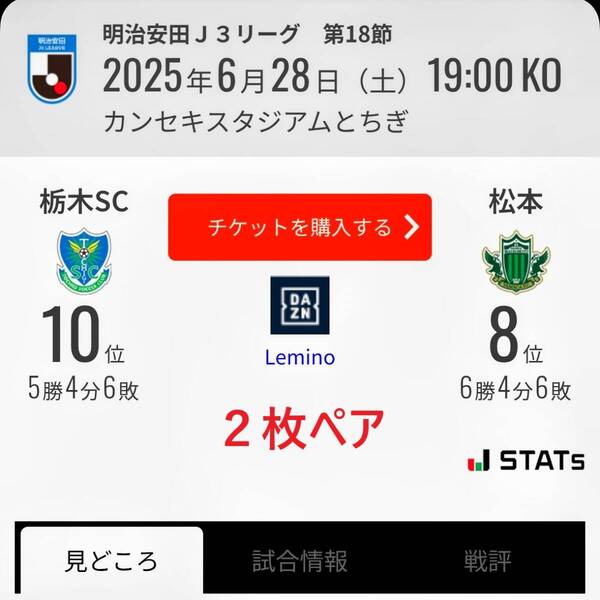 【2枚】6/28 栃木SC vs 松本山雅FC ホームゴール裏自由席 大人 2枚ペアチケット Jリーグ
