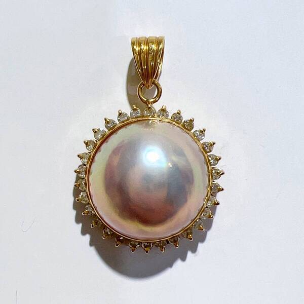 K18 天然 マベパール ダイヤ ネックレス ペンダント トップ 16mm D0.23ct 3.4g マルチカラー レディース アクセサリー 美品