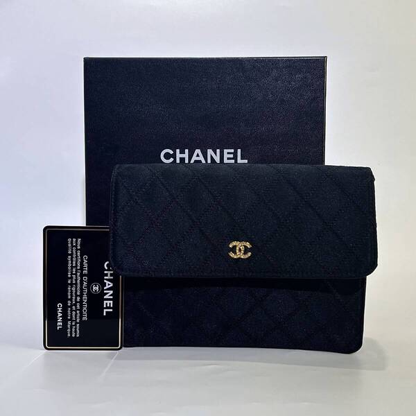 CHANEL シャネル ココマーク マトラッセ ビコローレ セカンドバッグ クラッチバッグ ポーチ ブラック サテン ギャランティカード 箱 美品