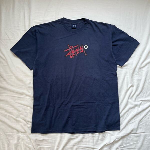 希少oldStussy90s XL ネイビー グラフィック Tシャツ 紺タグ シングルステッチ USA製 半袖 ロゴ ストリートシングルステッチ プリント
