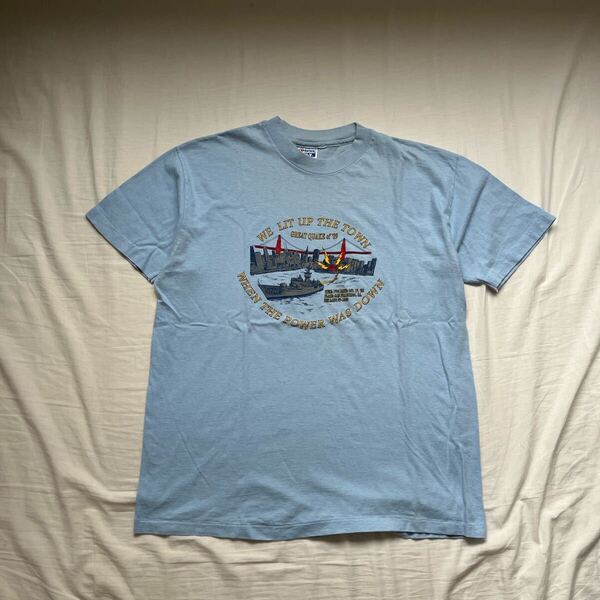 ヘインズ 80s シングルステッチ ヴィンテージ Tシャツ 半袖 水色 90s 古着 半袖 アメリカ製 ストリート アメカジ シティ プリント