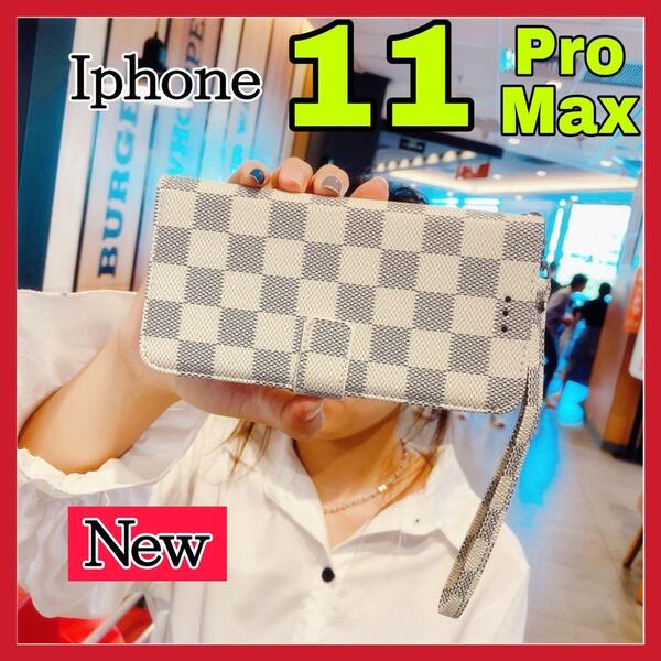大人気 iPhone11ProMaxケース手帳型 白色 チェック柄 PUレザー 高級感 耐衝撃 アイホン11プロマックスカバー ホワイト