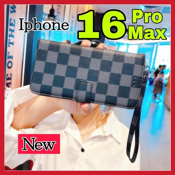 大人気 iPhone16ProMax ケース手帳型 黒色 チェック柄 PUレザー 高級感 耐衝撃 アイホン16プロマックスカバー ブラック カード収納
