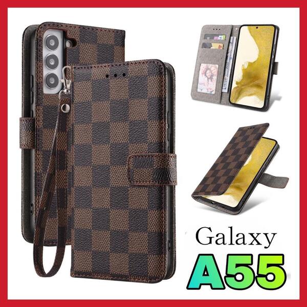 大人気 Galaxy A55 ケース手帳型 茶色 チェック柄 PUレザー 高級感 耐衝撃 サムスンギャラクシー A55 カバー ブラウン カード収納