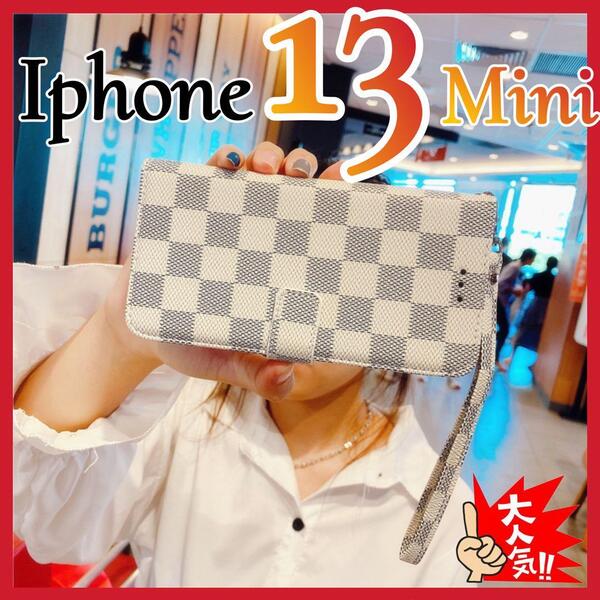iPhone13MINIケース 手帳型 白色 チェック柄 PUレザー 高級感 大人気 アイホン13ミニカバー ホワイト スピード発送