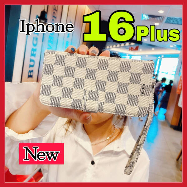 大人気 iPhone16Plusケース手帳型 白色 チェック柄 PUレザー 高級感 耐衝撃 アイホン16プラスカバー ホワイト カード収納