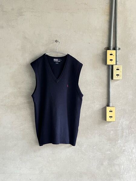 90s 90年代 Polo by Ralph Lauren ポロ ラルフローレン ウール ベスト100% WOOL Vネック ニット ネイビー 無地 ワンポイント 刺繍 古着