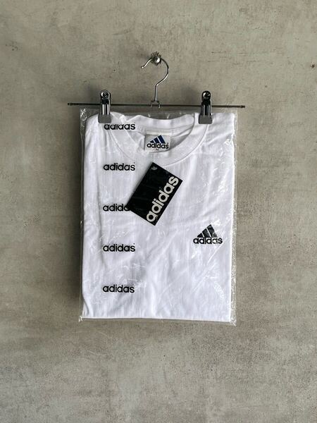 90s 90年代 デッドストック ビンテージ adidas アディダス 半袖 Tシャツ ロゴ ワンポイント ホワイト 白 無地 未使用 フラッシャー 古着