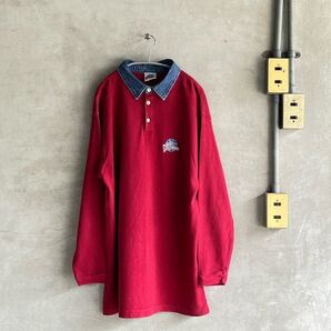 90s 90年代 ビンテージPLANET HOLLYWOOD プラネットハリウッド USA製 長袖 ポロシャツ デニム 切り替え ワンポイント 刺繍 古着 XL XXL