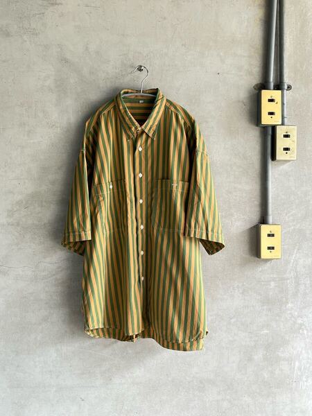 00s 2000年代 ストライプ 半袖シャツ 古着 y2k y3k ベージュ グリーン 緑 ビッグサイズ XL XXL BIG 大きい