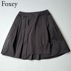 良品 FOXEY NEW YORK フォクシーニューヨーク フレアスカート プリーツスカート 膝丈 グレー バックファスナー 42 レディース