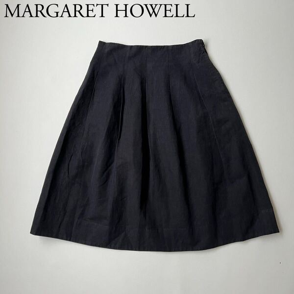 良品 MARGARET HOWELL マーガレットハウエル フレアスカート ボックスプリーツスカート リネンスカート 膝下丈 コットンリネン サイズⅠ
