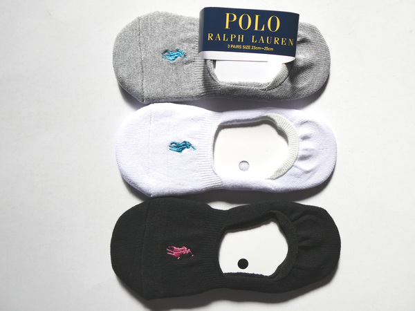 POLO ラルフローレン新品!3足セット マーク刺繍ベリーショートソックス 23-25cm黒白灰 送料無料フットカバーパイル カラー靴下