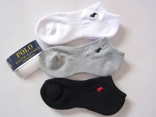 POLO ラルフローレン新品!3足セット マーク刺繍ショートソックス 23-25cm白濃紺灰 送料無料RALPHLAUREN 靴下