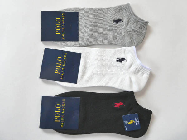 POLO ラルフローレン新品!3足セット 鹿の子編みマーク刺繍スニーカーソックス 25-27cm白黒灰 送料無料靴下