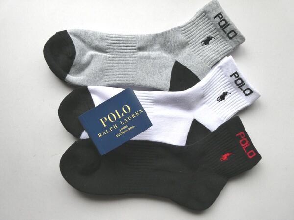 POLO ラルフローレン新品!3足セット マーク刺繍くるぶし丈ソックス 25-27cm黒白灰ロゴ 送料無料 RALPHLAUREN靴下