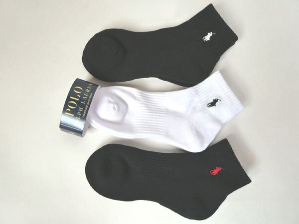 POLO ラルフローレン新品!3足セット マーク刺繍クォーターソックス 23-25cm黒白紺 送料無料 RALPHLAURENパイル