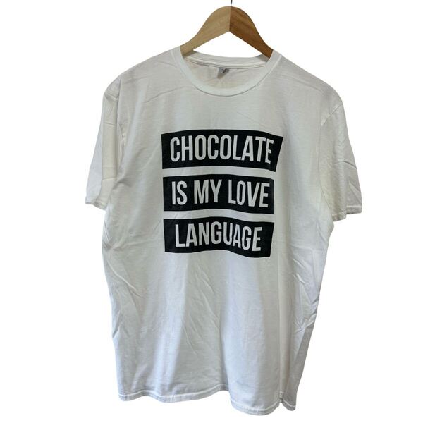 古着卸 (T017)メンズレギュラーTシャツ L ホワイト 英文字 チョコレート 白黒プリント シンプル フロントプリント