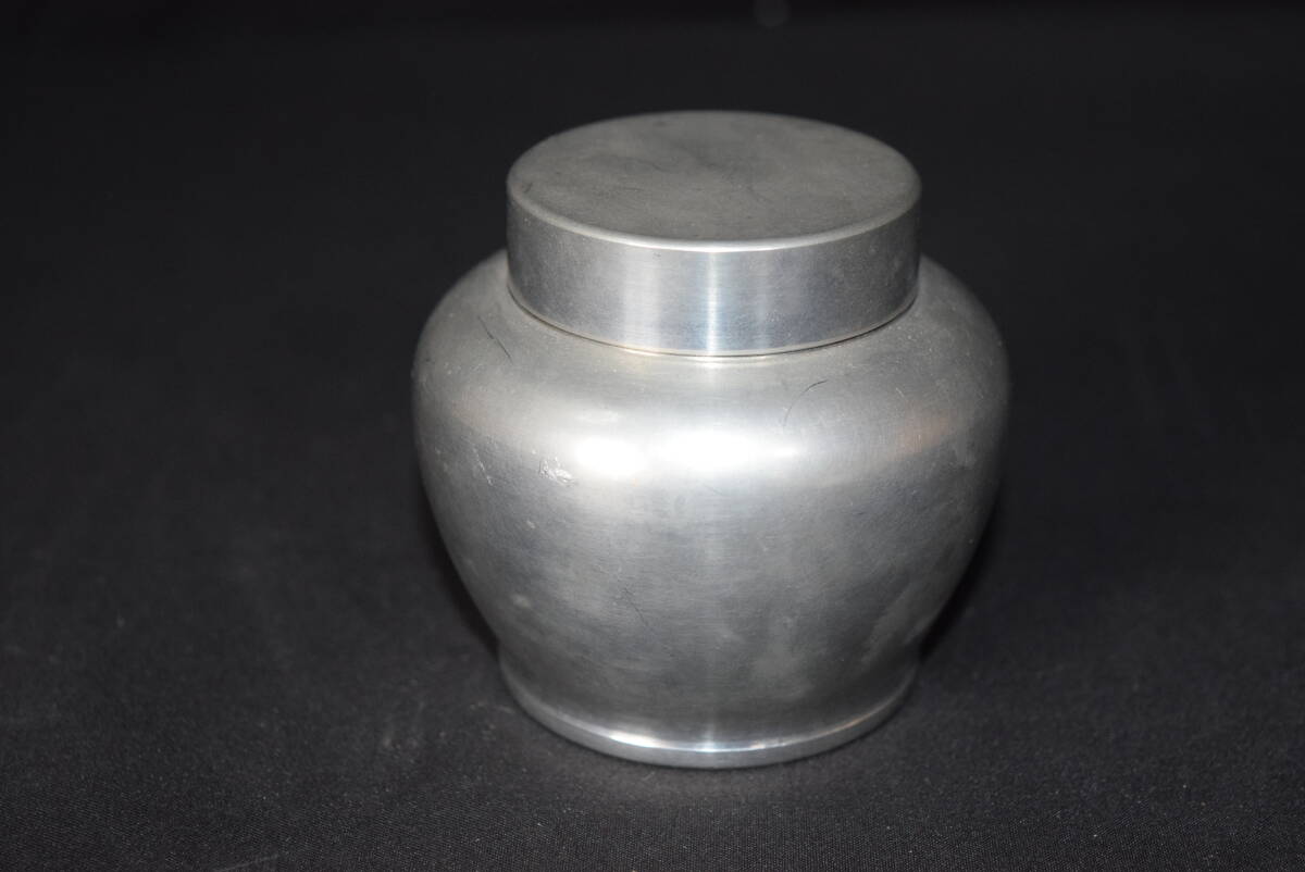 中国古玩】『錫六角型ガラス絵入茶壺』底面に刻印有り。高さ18.5cm