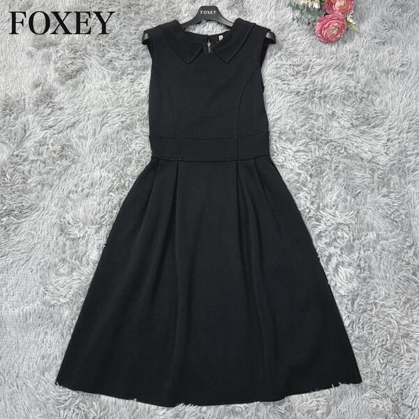 クリーニング済フォクシー FOXEY 襟付きサマーニットワンピースドレス ブラック 38