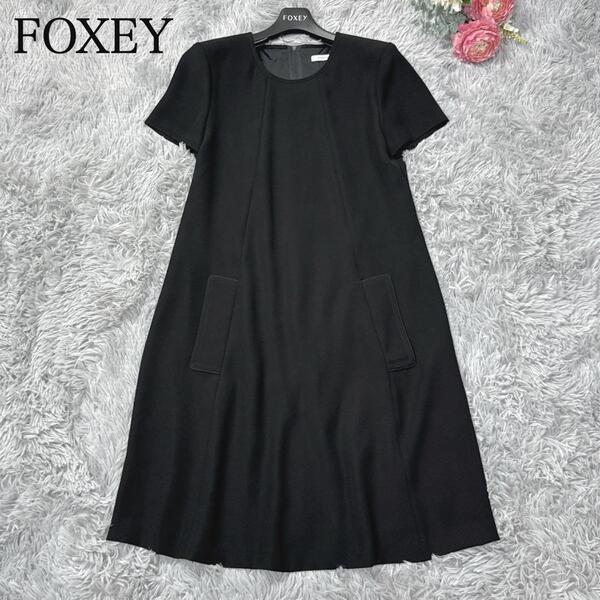 美品6万 フォクシー FOXEY NEW YORK Aラインシフトドレス ワンピース フォーマル 黒 38