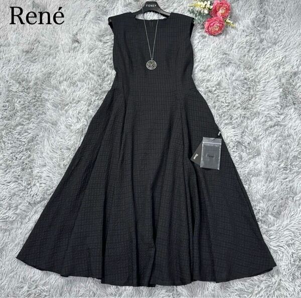 未使用24SSルネ Rene フレアワンピースドレス ジャガードチェック ブラック38