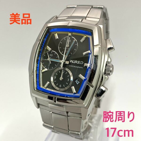 美品☆電池新品☆送料込☆セイコー SEIKO ワイアード WIRED クロノグラフ スモセコ メンズ腕時計 ブラック/ブルー トノー型 7T92-0MK0