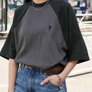 新品・未使用♪U.S. POLO ASSN♪ワンポイント刺繍 ラグラン配色オーバーサイズ半袖Tシャツ レディース♪Mサイズ♪グレー&ブラック♪
