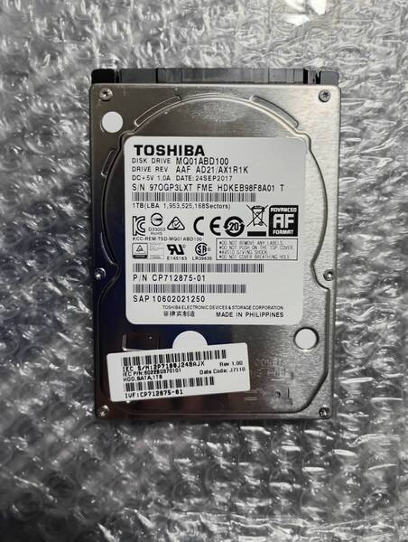 HDD 1BT 5400rpm ほぼ新品(477時間)TOSHIBA MQ01ABD100 正常 2.5インチ 9.5mm ノート用 外付け