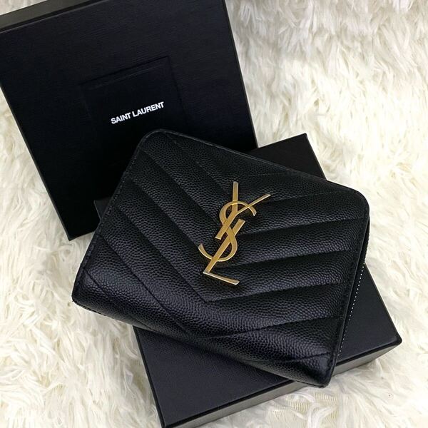 【美品】SAINT LAURENT PARIS サンローランパリ YSLロゴ キルティング コンパクトウォレット 財布