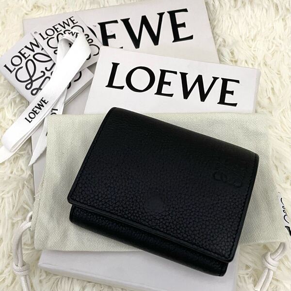 【美品】LOEWE ロエベ アナグラム トライフォールド ウォレット 三つ折り財布 レザー 革 ブラック 黒 箱付