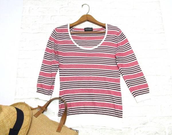 送料込み JOHN SMEDLEY ジョンスメドレー ピンク ホワイト ボーダー 柄 ウォッシャブル コットン ニット ( イギリス製 綿100% ラク 洗える