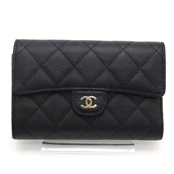 中古 良品 シャネル CHANEL 三つ折り財布 マトラッセ ミディアム フラップウォレット ココマーク キャビアスキン ブラック イタリア製 黒