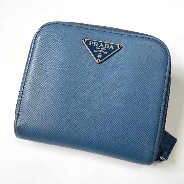 ★PRADA プラダ ラウンドファスナー ジップ 財布 三角ロゴ トライアングル ライトブルー系 中古【鑑定済み 本物保証】