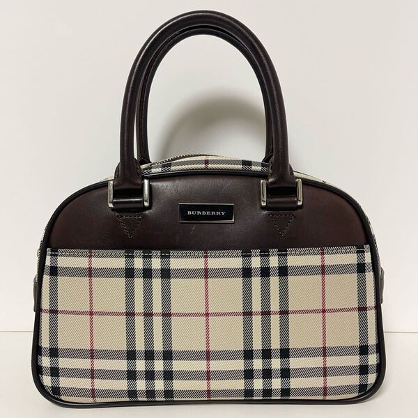 BURBERRY バーバリー ノバチェック ミニ ハンドバッグ ボストン ブラウン キャンバス×レザー ロゴ プレート 美品