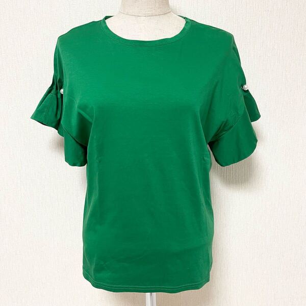 FENNEL フェンネル パール フリル 袖 カットソー トップス トップス Tシャツ グリーン 9号 美品 M スコットクラブ