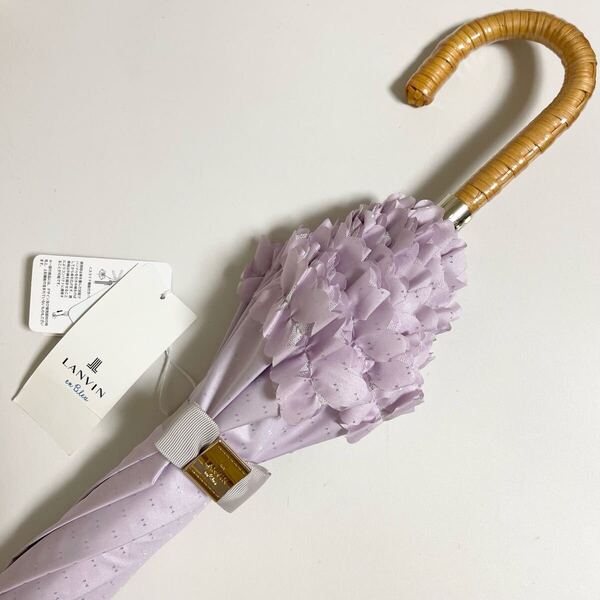 LANVIN en Bleu ランバン オンブルー フリル リボン柄 日傘 雨傘 新品 タグ付き 未使用 パープル 遮光 UV 傘 パラソル