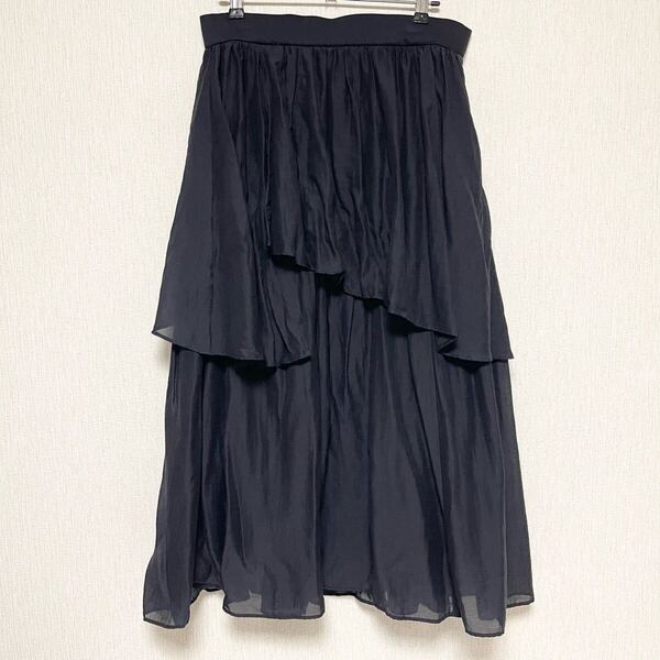 23区 ニジュウサンク オンワード シアーツイル ティアードスカート ブラック 44 美品 3L XXL ロング フレア スカート