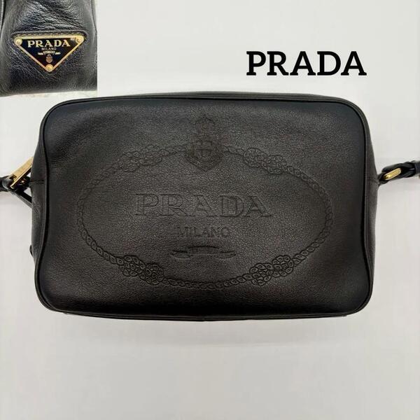 PRADA プラダ ショルダーバッグ 型押し ブラック レザー 1BH089