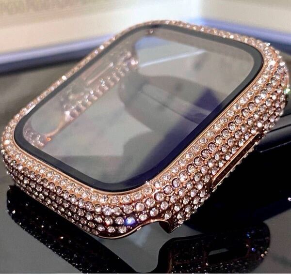 ローズゴールド★Apple Watchパヴェglassカバー アップルウォッチ画面保護ケース 高級フレーム バンパー ギフトボックス付き