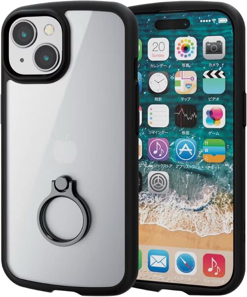 e-845 エレコム iPhone15 ケース TOUGH SLIM LITE リング付き 耐衝撃 衝撃吸収 薄型 軽量 ストラップシート付き ストラップホール付き