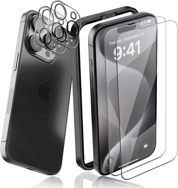 e-831 【2 + 2枚セット】iPhone15 Pro ガラスフィルム 2枚 + カメラフィルム 2枚 日本旭硝子素材採用 ケースに干渉しない【ガイド枠付き】