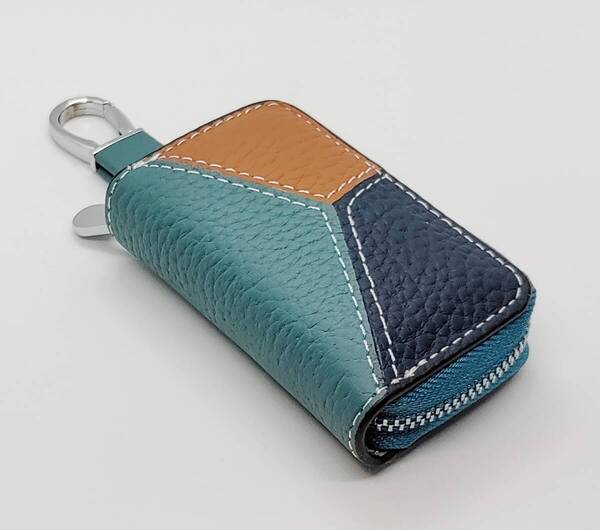 キーケース ★新品・未使用品 本革 レザー スマートキー キーホルダー 鍵 キーチェーン ターコイズブルーxネイビーxブラウン 3色カラー