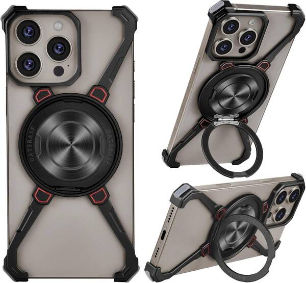 OGRANEE iPhone 16 Pro Max用ケース 薄型メタルバンパー MagSafe対応 360°リングスタンド付