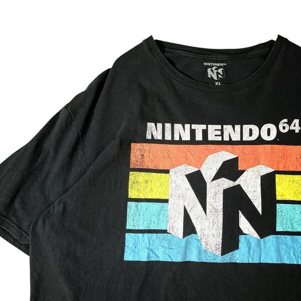 ニンテンドー64 任天堂 ゲームロゴTシャツ 企業ロゴTシャツ 半袖Tシャツ Tシャツ ビッグプリント 00s 古着 半袖 色褪せ黒ブラック