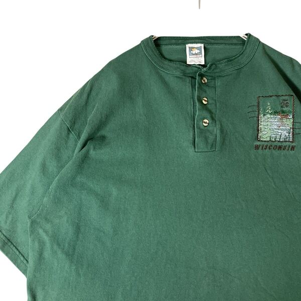ヘビーウェイトTシャツ 肉厚生地 90s〜00s ヘンリーネック 胸元刺繍 ワンポイント XL ビッグシルエット ビッグサイズ